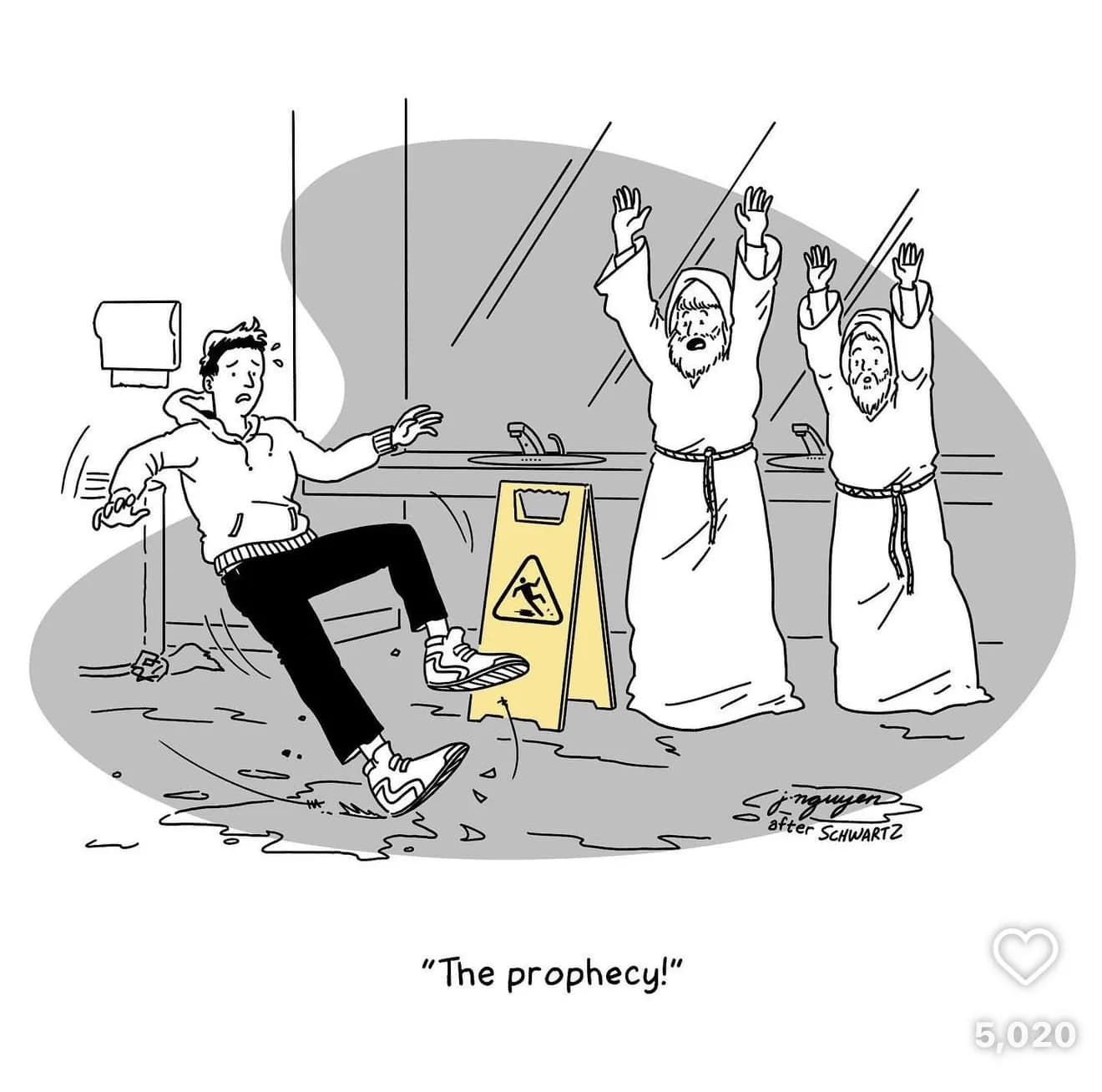 Cartoon of a man slipping on a wet floor beside a caution sign while two robed prophets raise their arms and shout, “The prophecy!”
